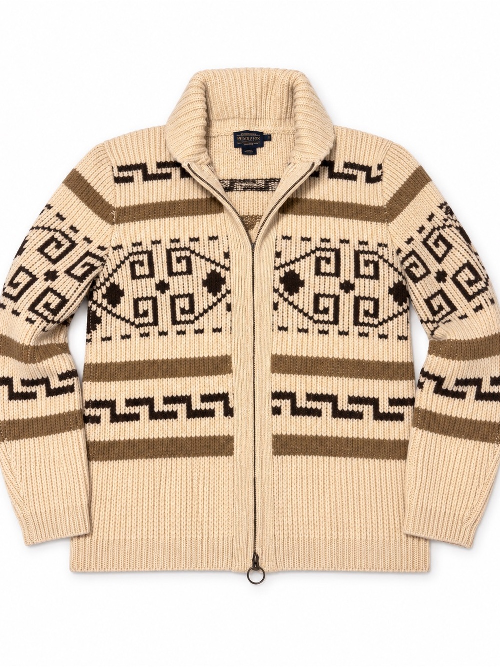 Pendleton zip cardigan. 100% lambswool. Cream and Brown. Like new!!